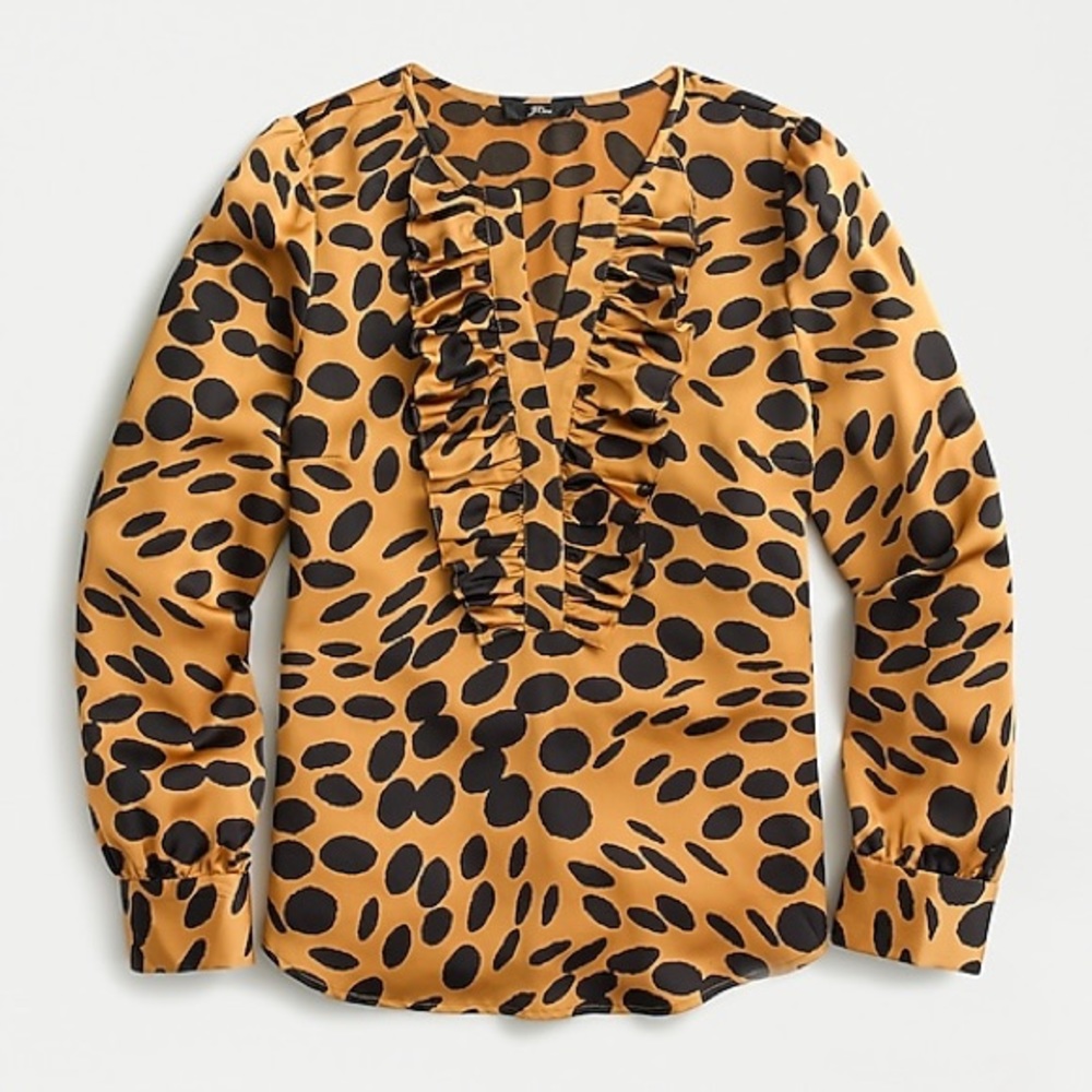 J. Crew Long-sleeve ruffle-front top in wavy dots